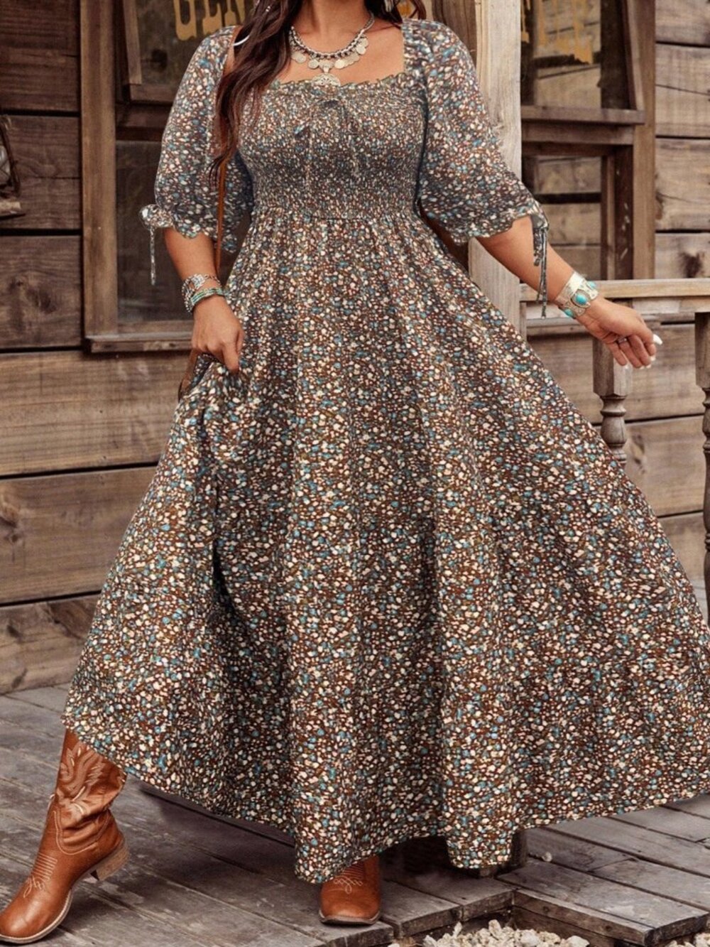 Brown & Cream Boho Women's Floral Print Long Sleeve Maxi Dress